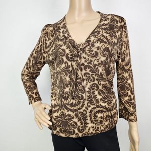 Talbots Sweater Silk Blend  Brown/Tan Paisley Tie Front 3/4 Petite Large Career
